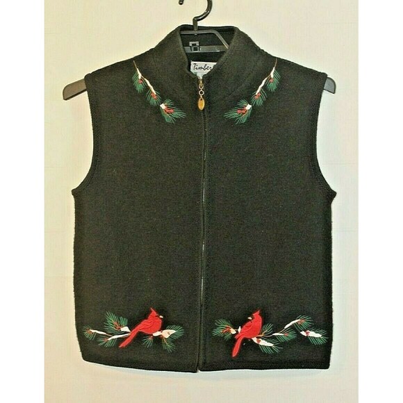 Timberlea 100% Wool Vest Vtg Black Christmas Holiday Full Zip Womens Size M - Picture 2 of 6